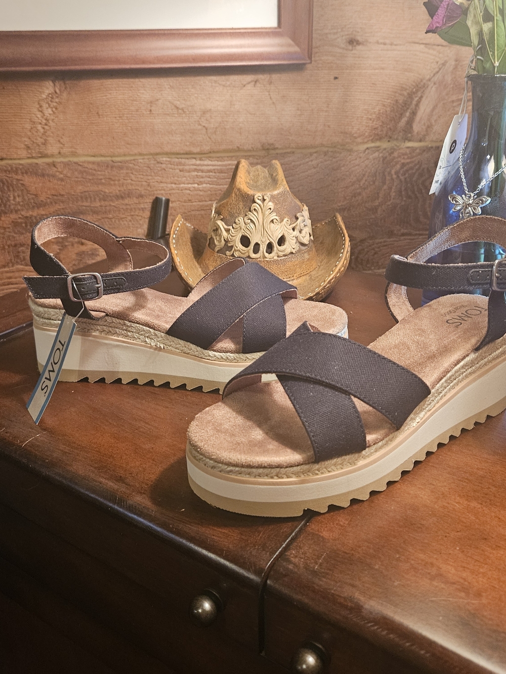 Toms Black Crisscross Wedge Sandals with Ankle Strap - Picture 5 of 10
